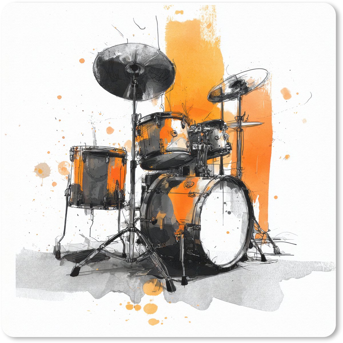 Muismat XXL 40x40 cm - Bureau onderlegger - Bureau mat Drumstel - Oranje - Zwart - Aquarelverf - Bureaumat - Gaming mousepad xl - Bureaulegger groot - Computer deskmat