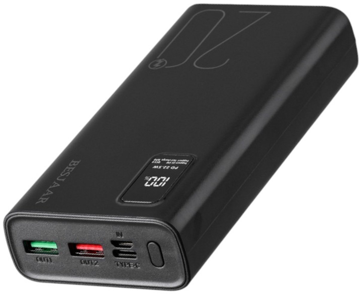 Besjaar® Powerbank – powerbank 20000 mah – 22.5W Ultra Snellader - USB-A/USB-C - LED Indicatie - Universele powerbank iPhone - powerbank samsung - powerbank apple - noodpakket - Zwart