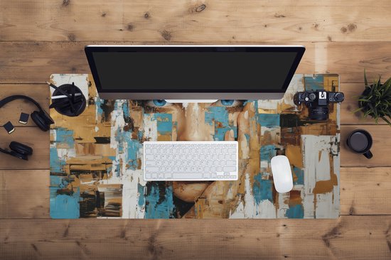 Muismat XXL 100x50 cm - Bureau onderlegger - Bureau mat Abstract - Penseelstreken - Blauw - Gezicht - Bureaumat - Gaming mousepad xl - Bureaulegger groot - Computer deskmat