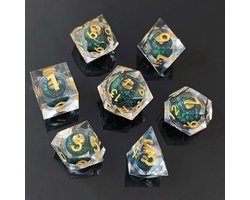 Joya Dice® Polydice Dobbelsteen set geschikt voor rollenspellen zoals Dungeons and Dragons D&D DnD | Dobbelstenen Set | Dice set | Resin Liquid Core 7 Stuks Set | Incl Luxe Opbergdoos | Dragon’s Gaze