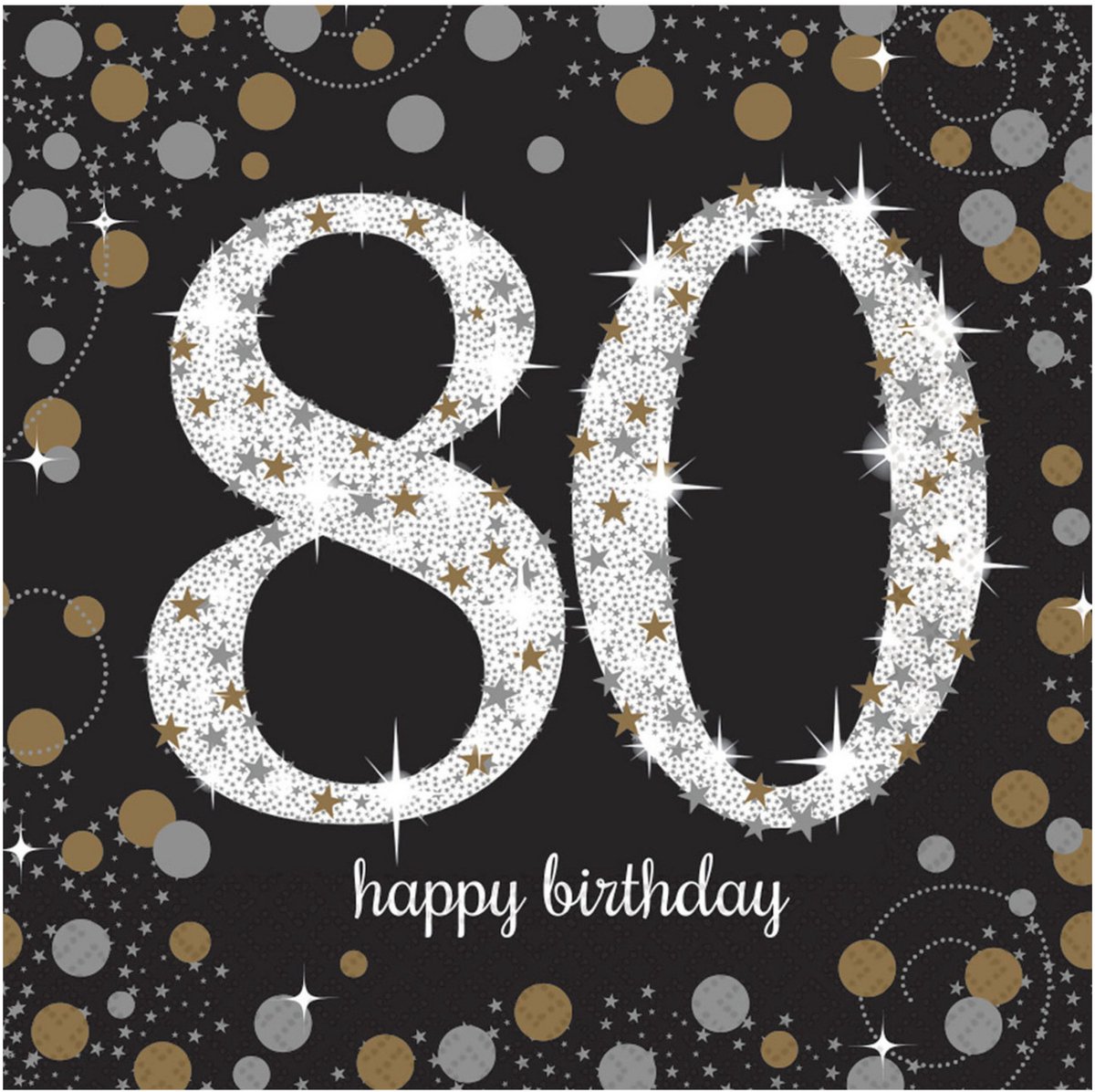 Amscan Servetten 80 jaar - 16x stuks - zwart - 33 x 33 cm - confetti - luxe - verjaardag