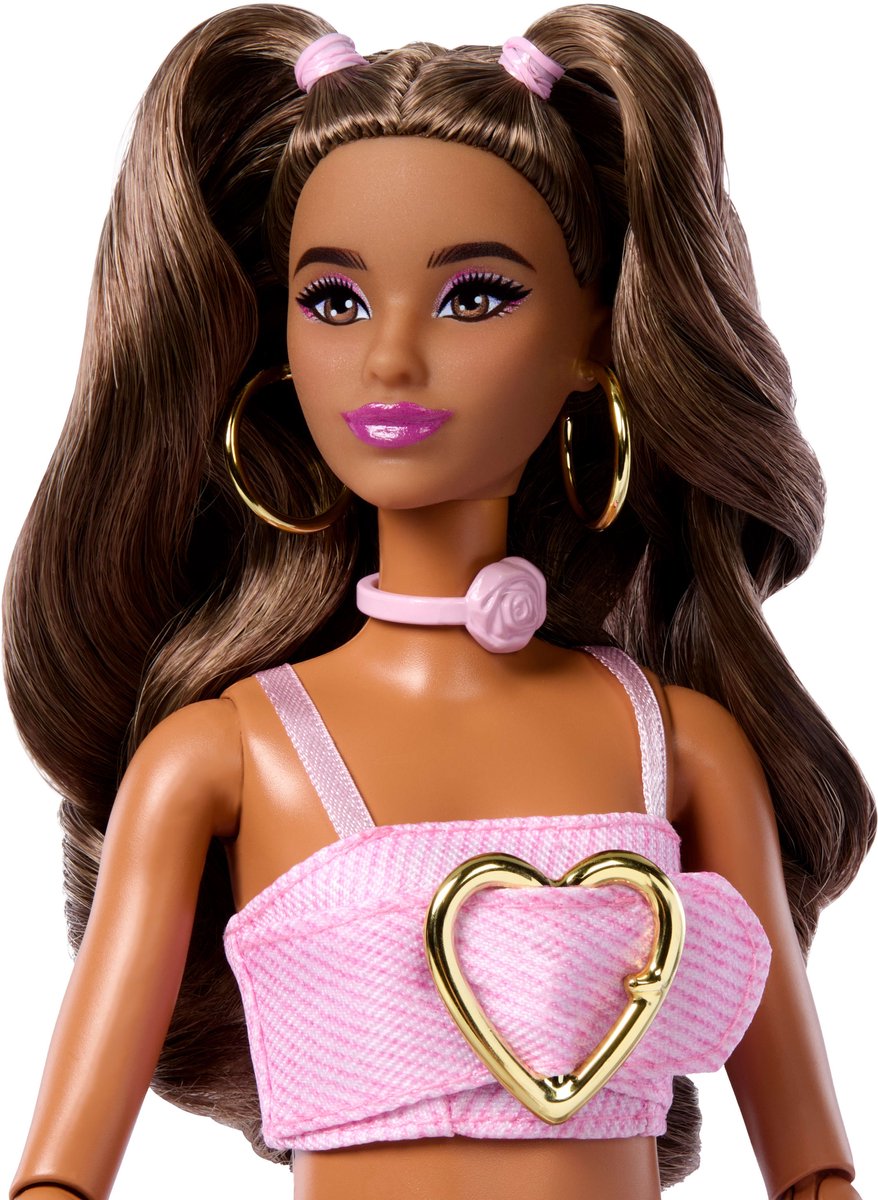 Barbie Deluxe Stijl - Roze Denim Croptop en Bruin Haar - Modepop — afbeelding 5