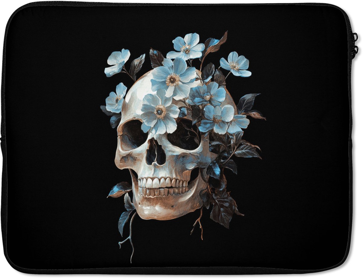 Laptophoes 15.6 inch - Schedel - Blauw - Bloemen - Bladeren - Laptop sleeve - Binnenmaat 37x26 cm - Zwarte achterkant