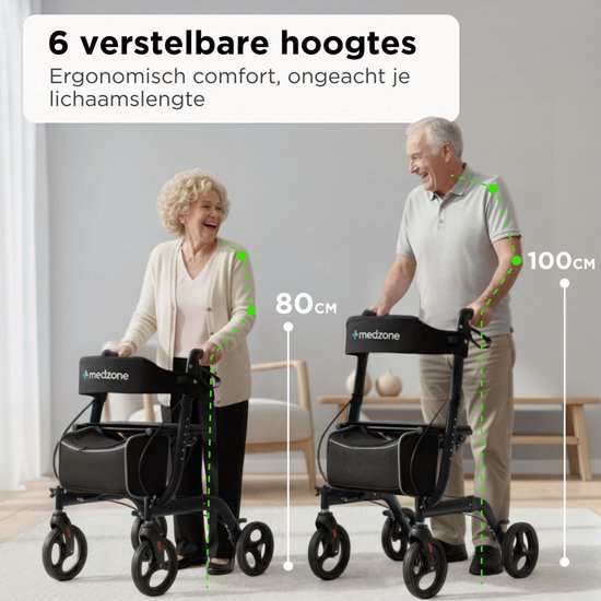 Twee Medzone rollators naast elkaar om hoogteverschil aan te tonen: 80cm en 100cm, met ergonomische handvatten.