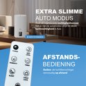 Witte Aironex luchtbevochtiger met stoom, een digitaal display en een afstandsbediening. Het 'Extra Slimme Auto Modus' is aangegeven.