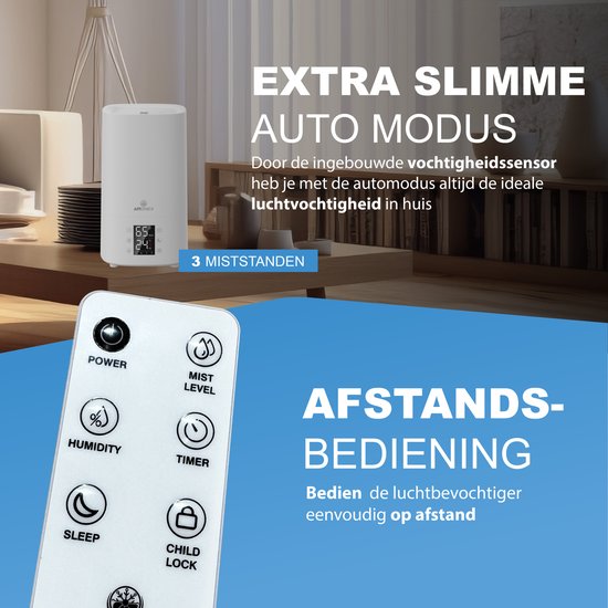 Witte Aironex luchtbevochtiger met stoom, een digitaal display en een afstandsbediening. Het 'Extra Slimme Auto Modus' is aangegeven.