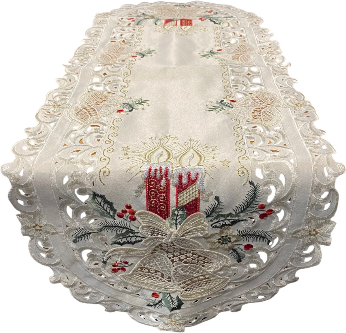 Tafelloper - Kerst - Crèmekleur met rode kaars - Kaarsen en bellen - Loper 110 cm – foto 2