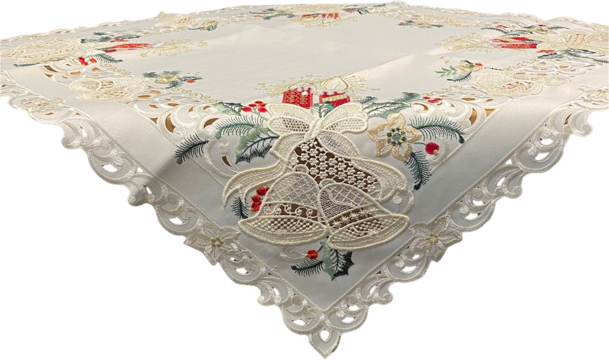 Kerstkleed- Creme met rode kaarsen en bel- Vierkant 110x110 - 8675R