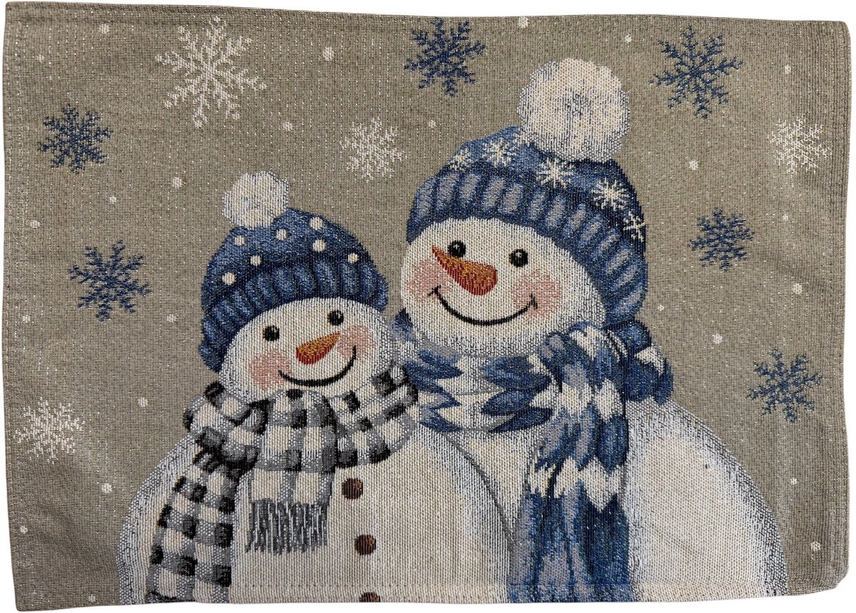 Placemat - Gobelinstof - Kerst - 2 sneeuwpoppen met blauwe muts - 33 x 46 cm