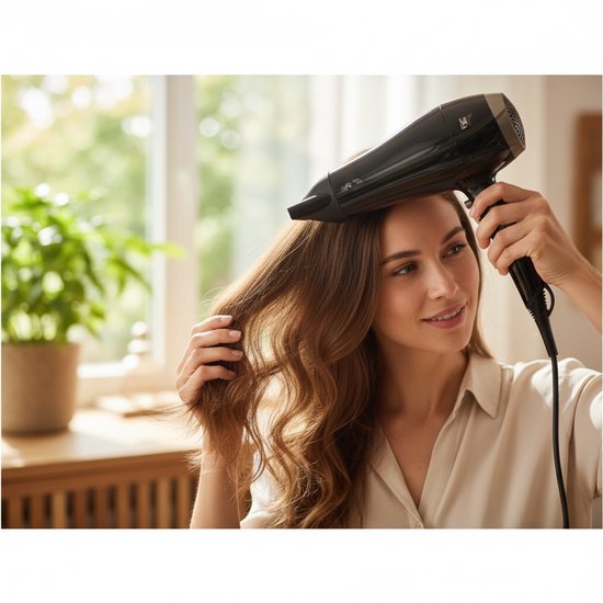 Vrouw met lang bruin haar, droogt haar haar met een zwarte Lafe haardroger in een lichte badkamer.