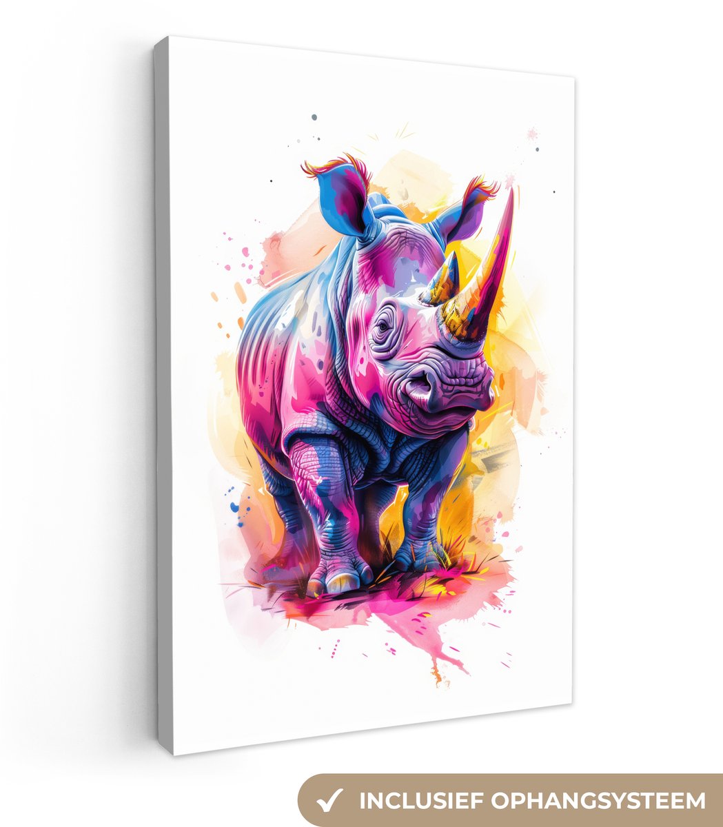 Canvas schilderij 90x140 cm - Wanddecoratie Neushoorn - Kleurrijk - Verf - Dieren - Muurde