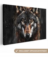 Canvas schilderij 90x60 cm - Wanddecoratie Dieren - Wolf - Portret - Zwart - Bruin - Muurdecoratie woonkamer - Slaapkamer decoratie - Kamer accessoires - Schilderijen op canvas