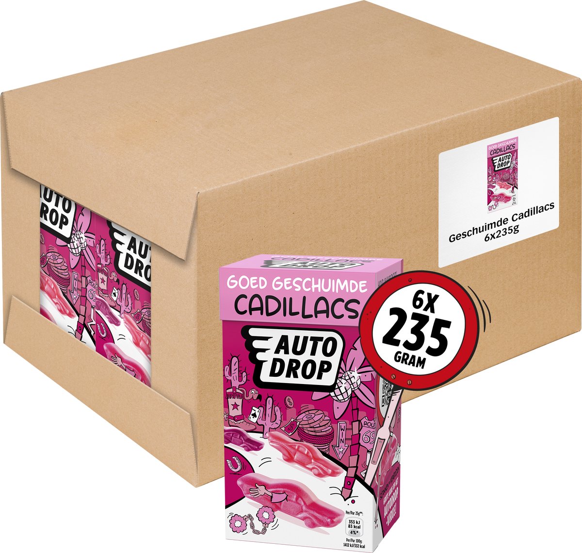 Autodrop - Snoep - Goed Geschuimde Cadillacs - 6 doosjes - 235 gram