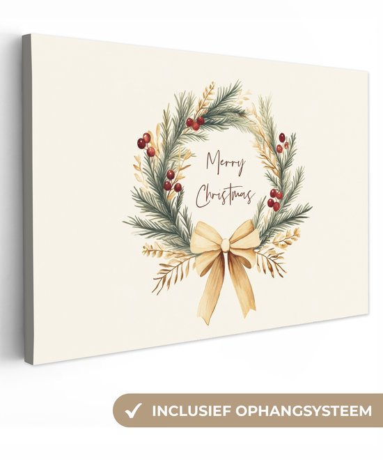 Canvas schilderij 120x80 cm - Wanddecoratie Kerstkrans - Kerst - Goud - Beige - Muurdecoratie woonkamer - Slaapkamer decoratie - Kamer accessoires - Schilderijen op canvas - Kerstdecoratie voor binnen - Kerstversiering - Kerstmis versiering