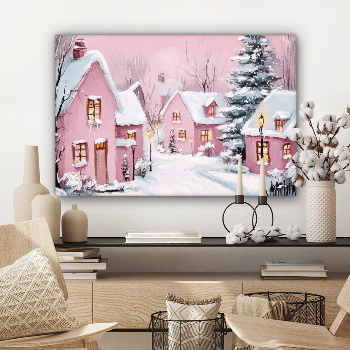 Canvas schilderij 90x60 cm - Wanddecoratie Kerstdorp - Roze - Winter - Sneeuw - Huizen - Muurdecoratie woonkamer - Slaapkamer decoratie - Kamer accessoires - Schilderijen op canvas - Kerstdecoratie voor binnen - Kerstversiering - Kerstmis versiering – foto 7