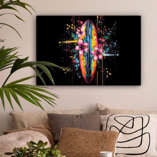 Canvas schilderij 90x60 cm - Wanddecoratie Graffiti - Sport - Surfen - Zomer - Muurdecoratie woonkamer - Slaapkamer decoratie - Kamer accessoires - Schilderijen op canvas