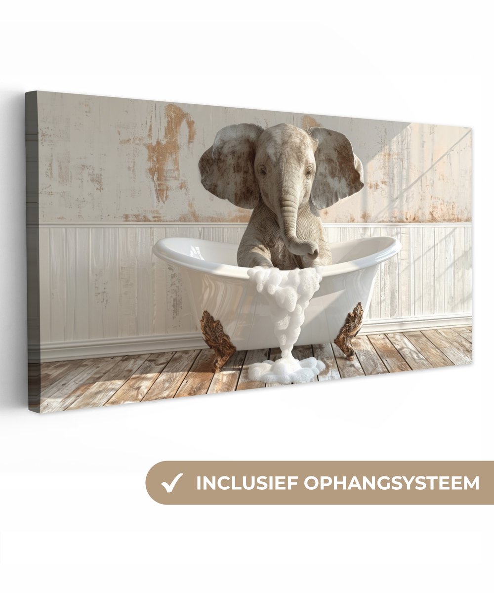 Canvas schilderij 100x50 cm - Wanddecoratie badkamer Vintage - Olifant - Badkuip - Schuim