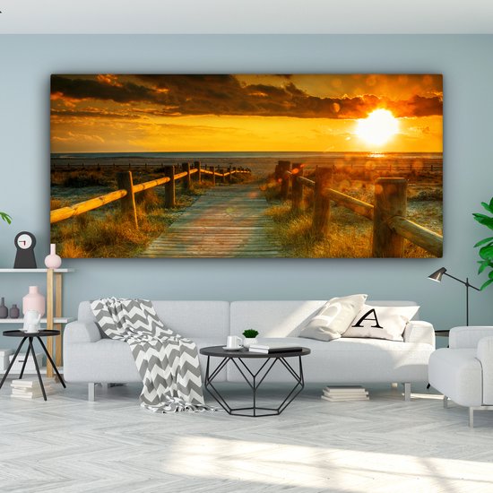 Canvas schilderij 200x100 cm - Wanddecoratie Zon - Strand - Duin - Horizon - Gras - Pad - Oranje - Muurdecoratie woonkamer - Slaapkamer decoratie - Kamer accessoires - Schilderijen op canvas
