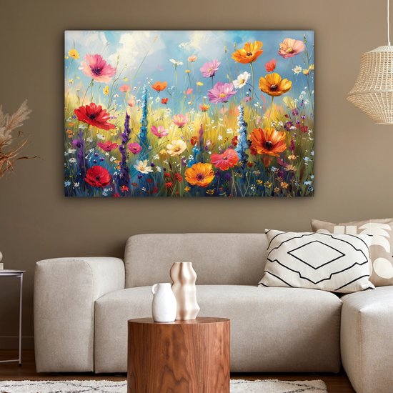 Grande peinture d'un champ de fleurs luxuriant avec des coquelicots, des bleuets et des tournesols dans des tons rouge, orange, rose et violet, sur fond de ciel bleu.