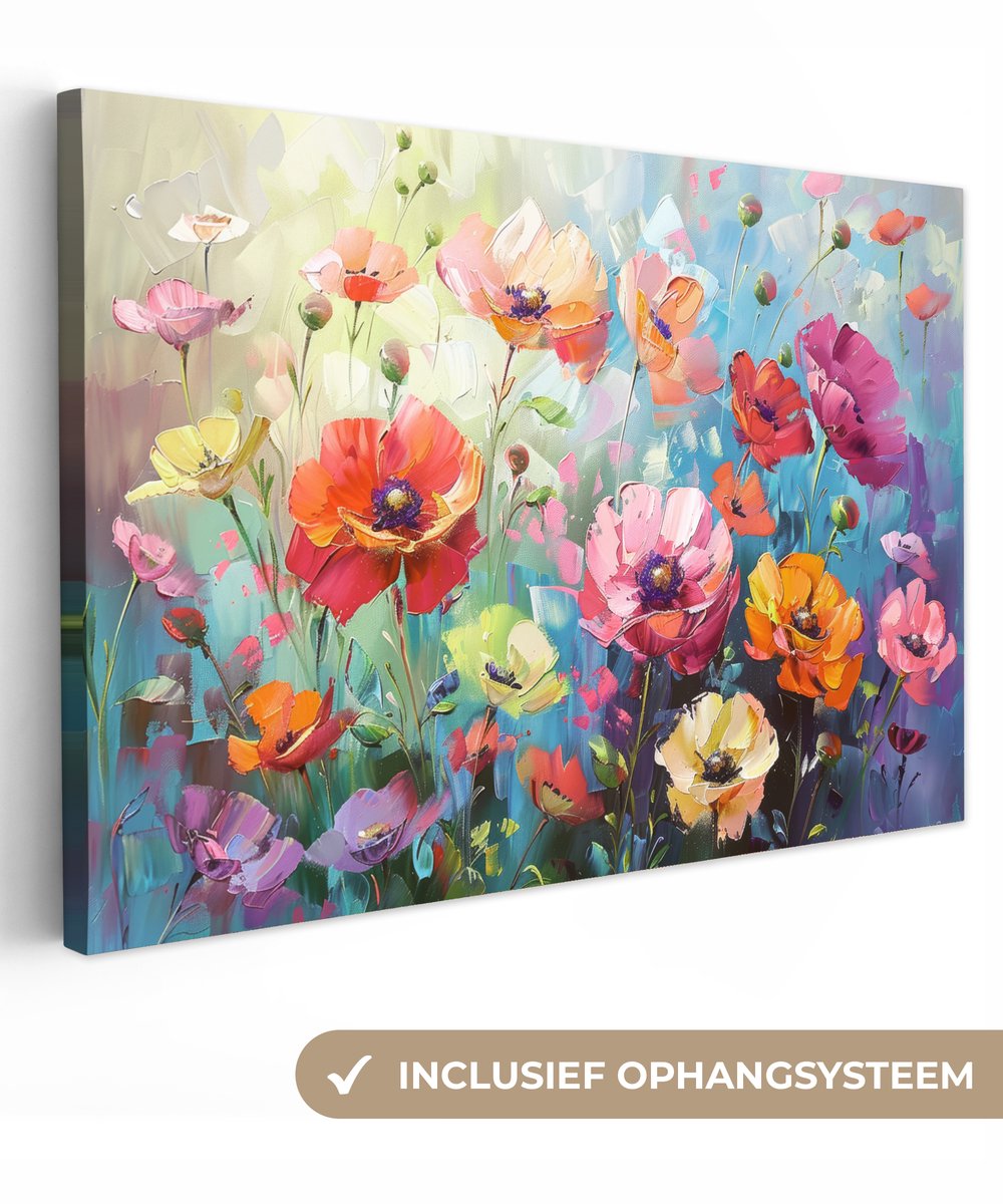 Canvas schilderij 120x80 cm - Wanddecoratie Bloemen - Kleurrijk - Waterverf - Natuur - Zomer - Muurdecoratie woonkamer - Slaapkamer decoratie - Kamer accessoires - Schilderijen op canvas