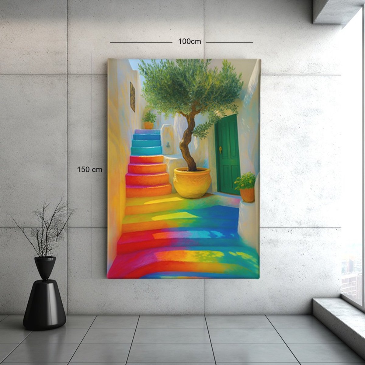 Trendex Global Canvas Schilderij – Regenboog Trap met Olijfboom – Kleurrijke Wanddecoratie - 90x60x2 cm