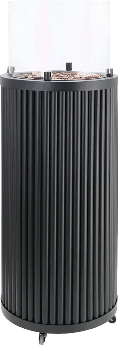 Cosipillar Curved Black Gashaard Terrasverwarmer - Afmeting: ø 40 x 112 cm - Inclusief: 30mBar regelaar met gasslang, glas, lavastenen, batterij en wieltjes