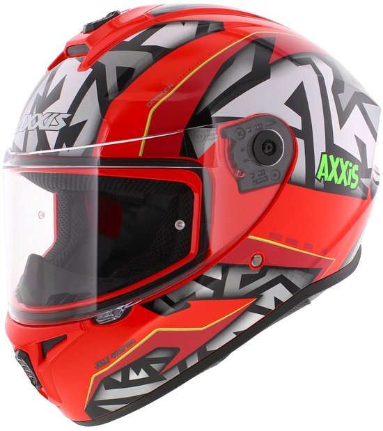 Schuine zijaanzicht van rode Axxis motorhelm met grafische print in zwart, grijs en groen, en doorzichtig vizier.