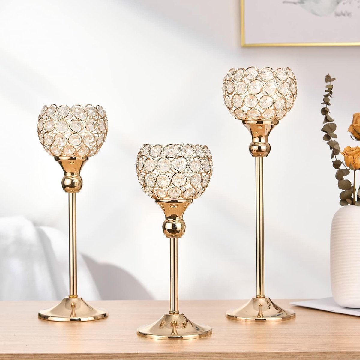 Ibenzoa Set van drie elegante kristallen kandelaars voor sfeervolle decoratie Goud