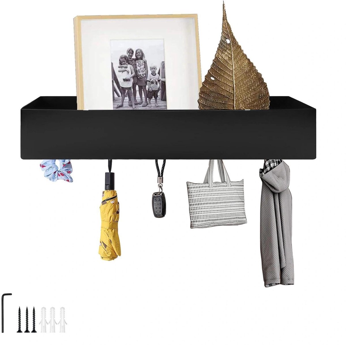Aan de muur bevestigde kledinghaak, kledingkast met accessoires, verborgen kledingkast, gang met 5 haken, zwart haakframe, kledingkasten met planken voor slaapkamer, gang en woonkamer
