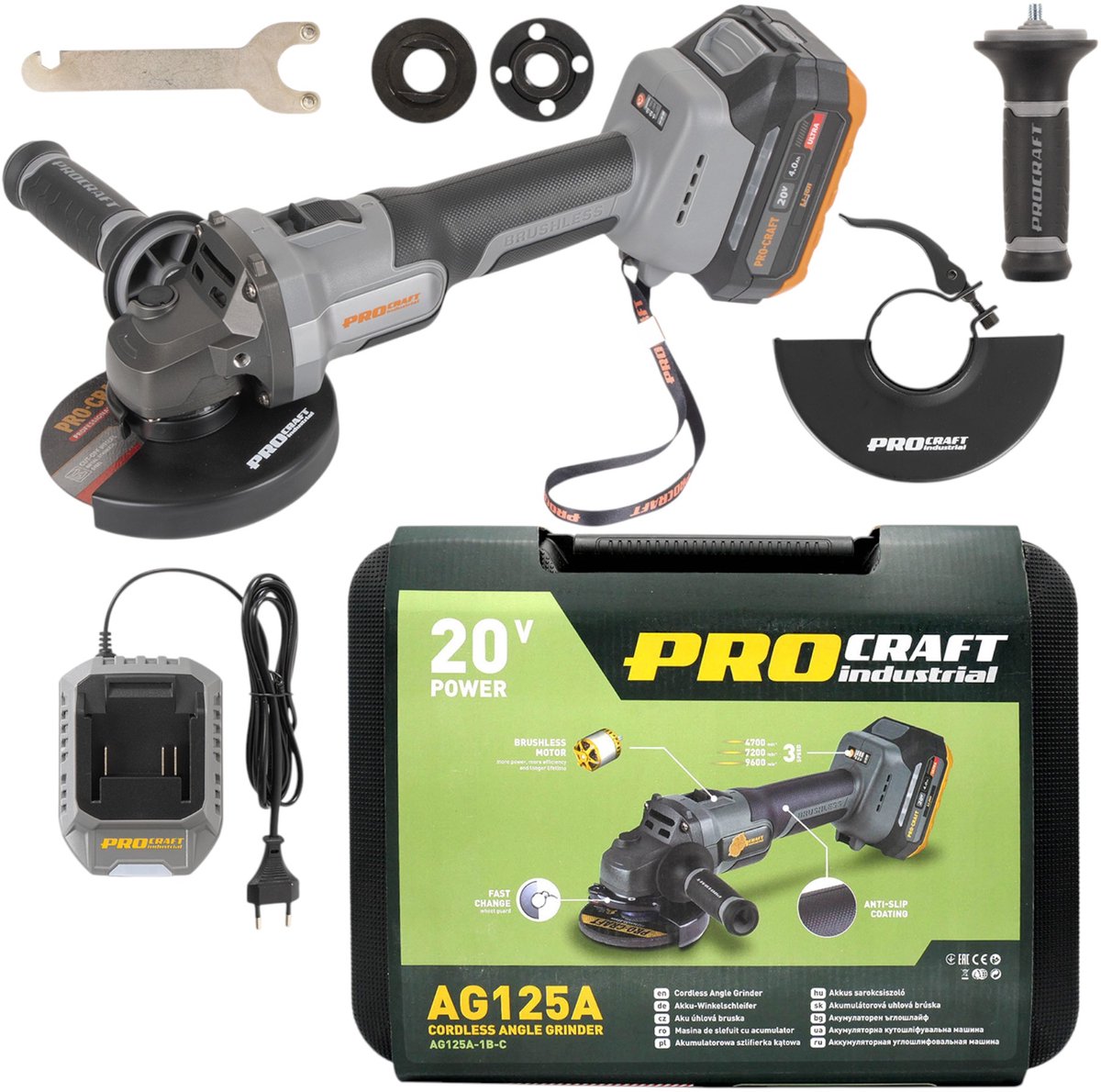 Procraft Industrial AG125A accu-haakse slijper 20 V 125 mm borstelloos + 1x accu 4,0 Ah + oplader + koffer