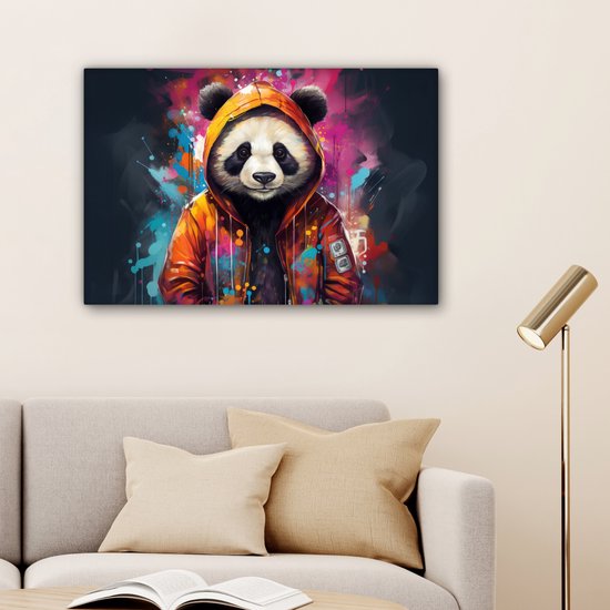 Tableau sur toile Panda - Manteau - Graffiti - Oranje - 60x40 cm - Décoration murale