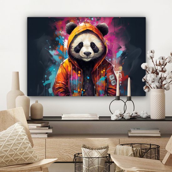 Tableau sur toile Panda - Manteau - Graffiti - Oranje - 60x40 cm - Décoration murale