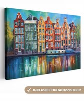 Canvas schilderij - Amsterdam - Olieverf - Kunst - Gracht - Architectuur - Canvasdoek - Schilderijen op canvas - Woonkamer decoratie - Slaapkamer - Kamer decoratie - Foto op canvas - 140x90 cm - Canvas doek