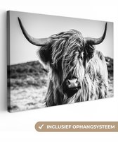 Canvas schilderij - Schotse hooglander zwart wit 90x60 - Kamer decoratie accessoires koe - Dieren schilderijen woonkamer - Wanddecoratie slaapkamer - Muurdecoratie keuken - Wanddoek interieur binnen - Woondecoratie huis - Woonaccessoires