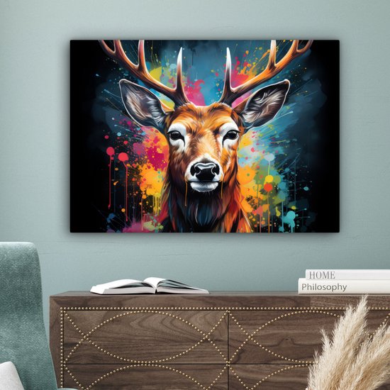 Tableau sur toile Cerf - Graffiti - Animaux - Couleurs - 80x60 cm - Décoration murale