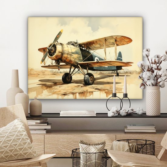 Peinture sur toile 80x60 cm - Décoration murale Vintage - Avion - Water - Beige - Véhicule - Décoration murale salon - Décoration chambre - Accessoires de chambre - Peintures