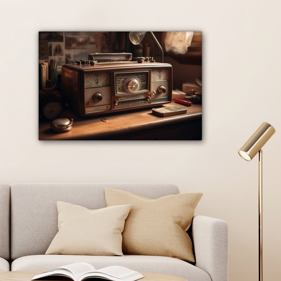 Tableau toile 60x40 cm - Décoration murale Vintage - Radio - Ancien - Bureau - Lampe - Décoration murale murale salon - Décoration chambre - Accessoires de chambre - Peintures