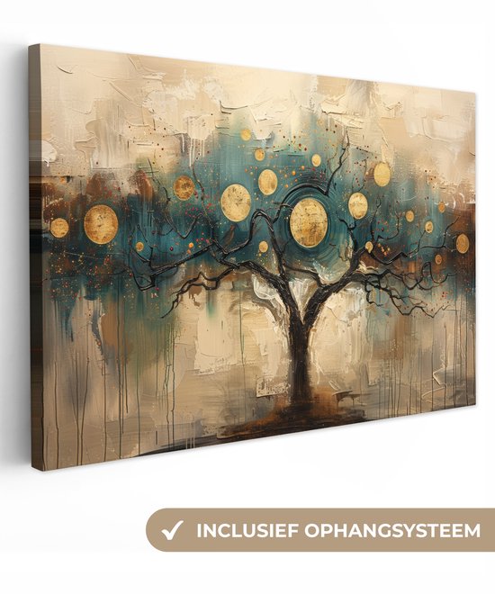 Canvas schilderij 120x80 cm - Wanddecoratie Boom - Abstract - Bruin - Goud - Industrieel - Muurdecoratie woonkamer - Kamer decoratie modern - Abstracte schilderijen