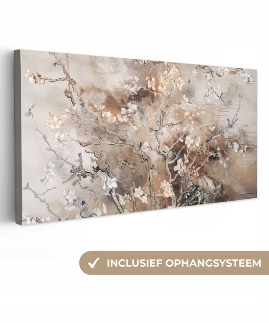Canvas schilderij 160x80 cm - Wanddecoratie Amandelbloesem - Kunst - Van Gogh - Beige - Abstract - Muurdecoratie woonkamer - Slaapkamer decoratie - Kamer accessoires - Schilderijen op canvas