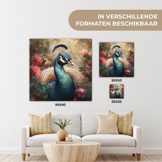 Tableau sur toile Paon - Vogel - Fleurs - Plantes - Plumes de Paon - 90x90 cm - Décoration murale