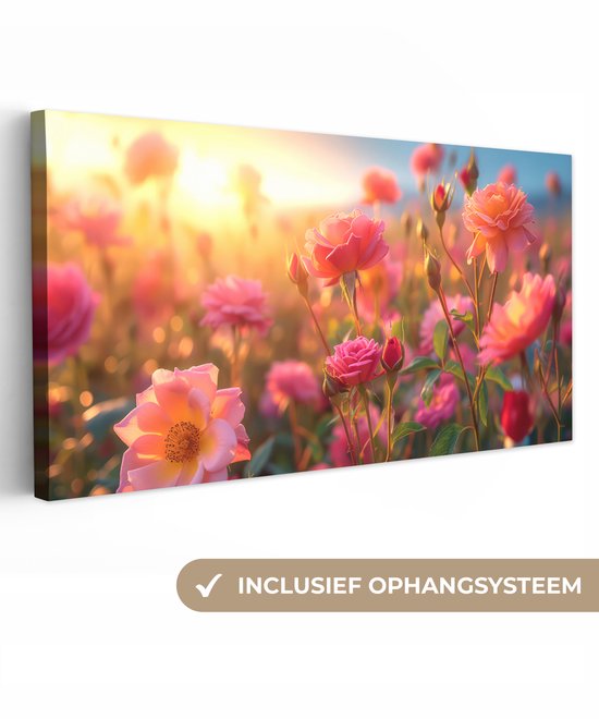 Canvas Schilderij 160x80 cm - Bloemen - Rozen - Natuur - Roze - Bloem - Wanddecoratie woonkamer - Muurdecoratie keuken - Slaapkamer decoratie - Schilderijen - Woonaccessoires