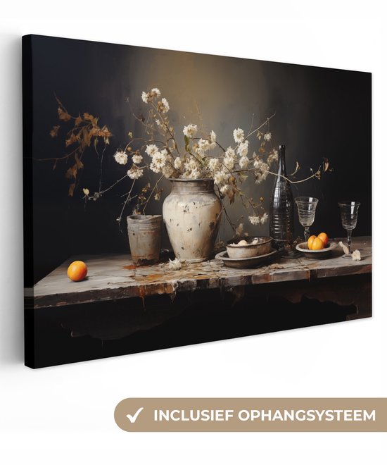 Canvas schilderij 120x80 cm - Stilleven met bloemen - Kamer decoratie accessoires - Schilderijen woonkamer - Wanddecoratie slaapkamer - Muurdecoratie keuken - Wanddoek interieur binnen - Woondecoratie huis - Bloemen schilderij