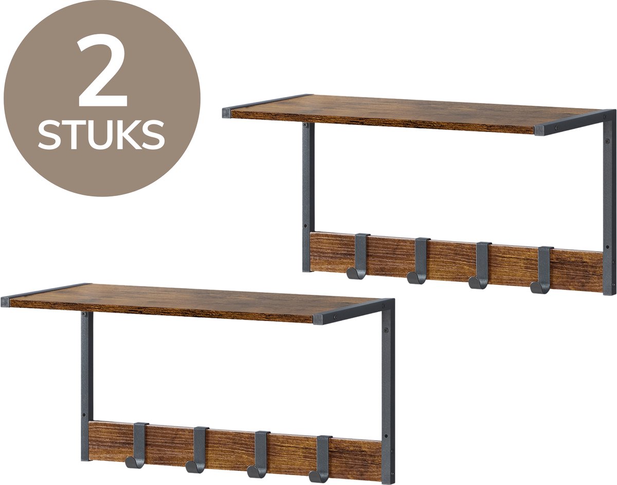 Acaza Kapstok - Wandkapstok - Wandplank - Wandrek - Set van 2 - Verwijderbare Haken - 50 x 24 x 26.5 cm - Vintage Bruin