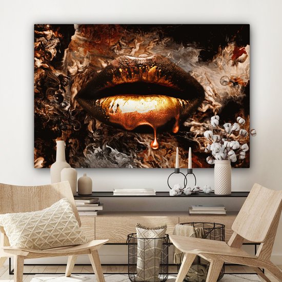 Peintures sur toile Or - Lèvres - Fumée - 120x80 cm - Décoration murale