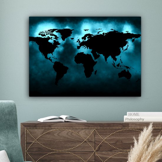 Wereldkaart Toile - 80x60 - Décoration murale Wereldkaart - Zwart - Blauw