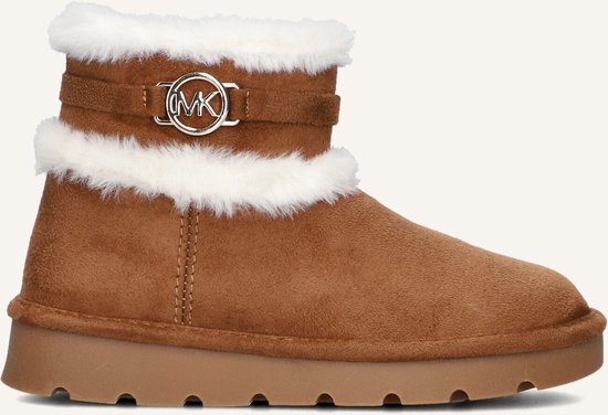 Bruine Michael Kors laarsjes met witte bontrand, MK gesp en rits.