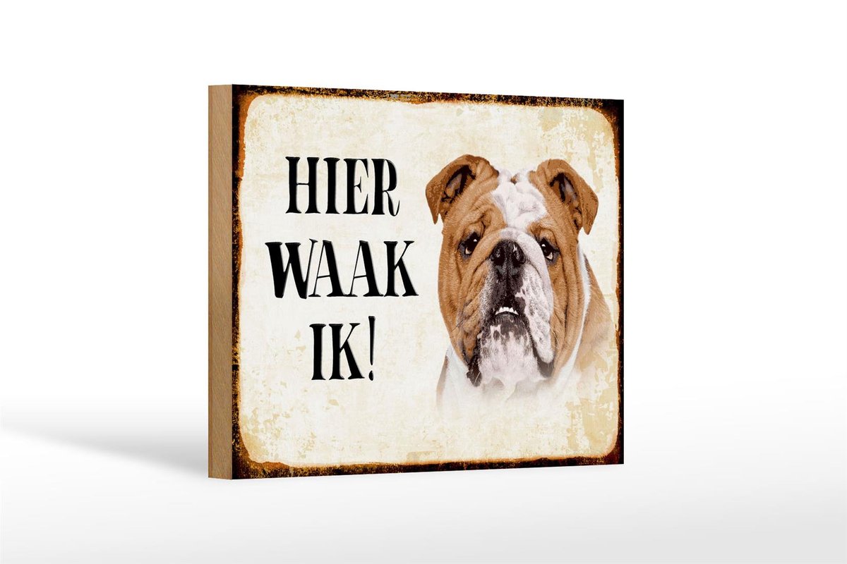 Femer Houten bordje van FEMER 18x12cm met tekst Nederlands Hier Waak ik Bulldog decoratie Zwart