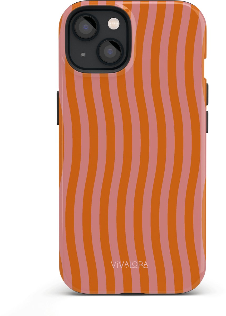 VivaLora Tough Telefoonhoesje iPhone 13 met MagSafe - Tropical Dream Print - 2-in-1 Phone Case - Hard Case & Siliconen Back - Extra Bescherming - Shockproof - Golvende strepen - Roze/Oranje