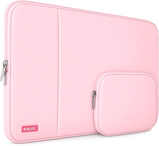 Roze laptoptas met een opgestikt voorvak met ritssluiting en een BOTC-logo.