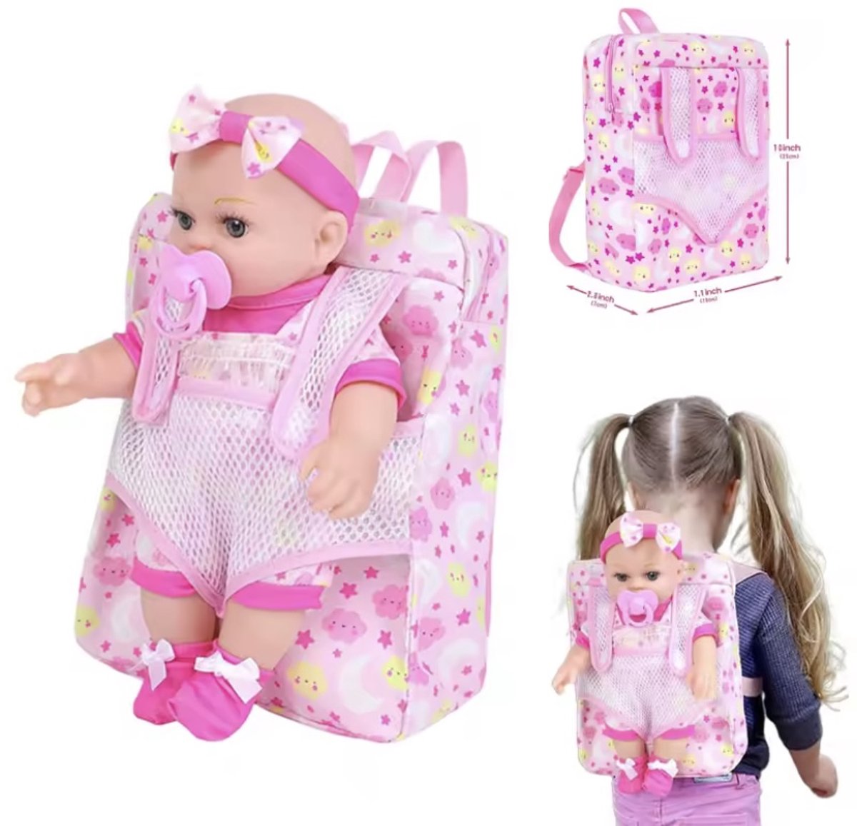 Happy U Kids™ Rugzak met Baby Pop Drager – Geschikt voor o.a. Baby Born en andere babypoppen (36–43 cm) | Roze Poppenrugzak